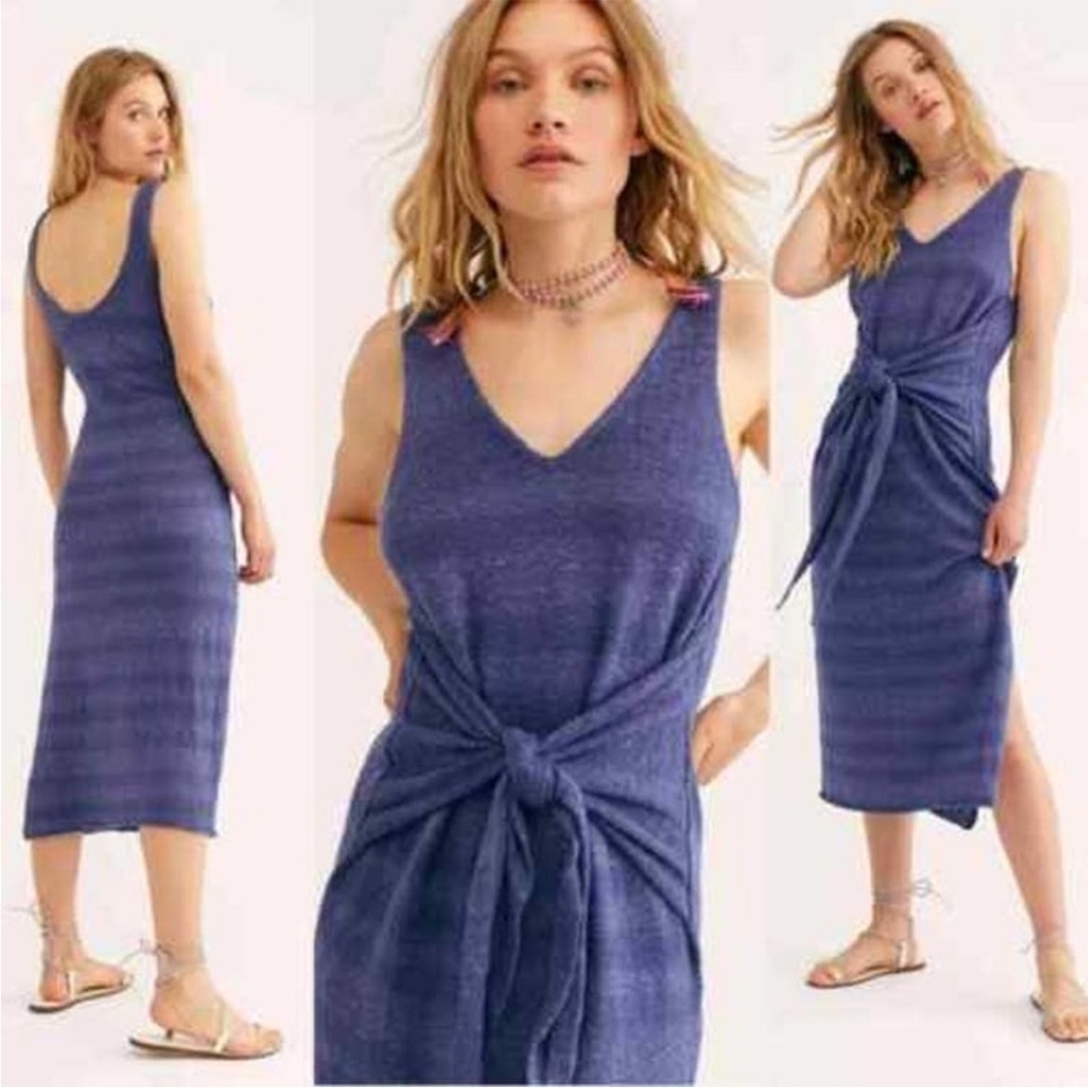Free People Beach Hamptons Stretch Knit Midi Dress M Blue Tie Waist Linen Cotton - Picture 6 of 6